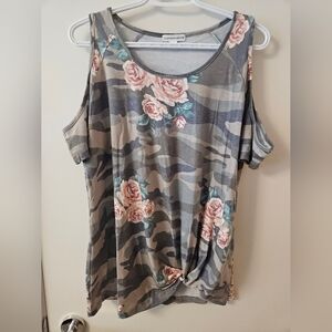 Warehouse One Camo Rose Cold Shoulder T-Shirt